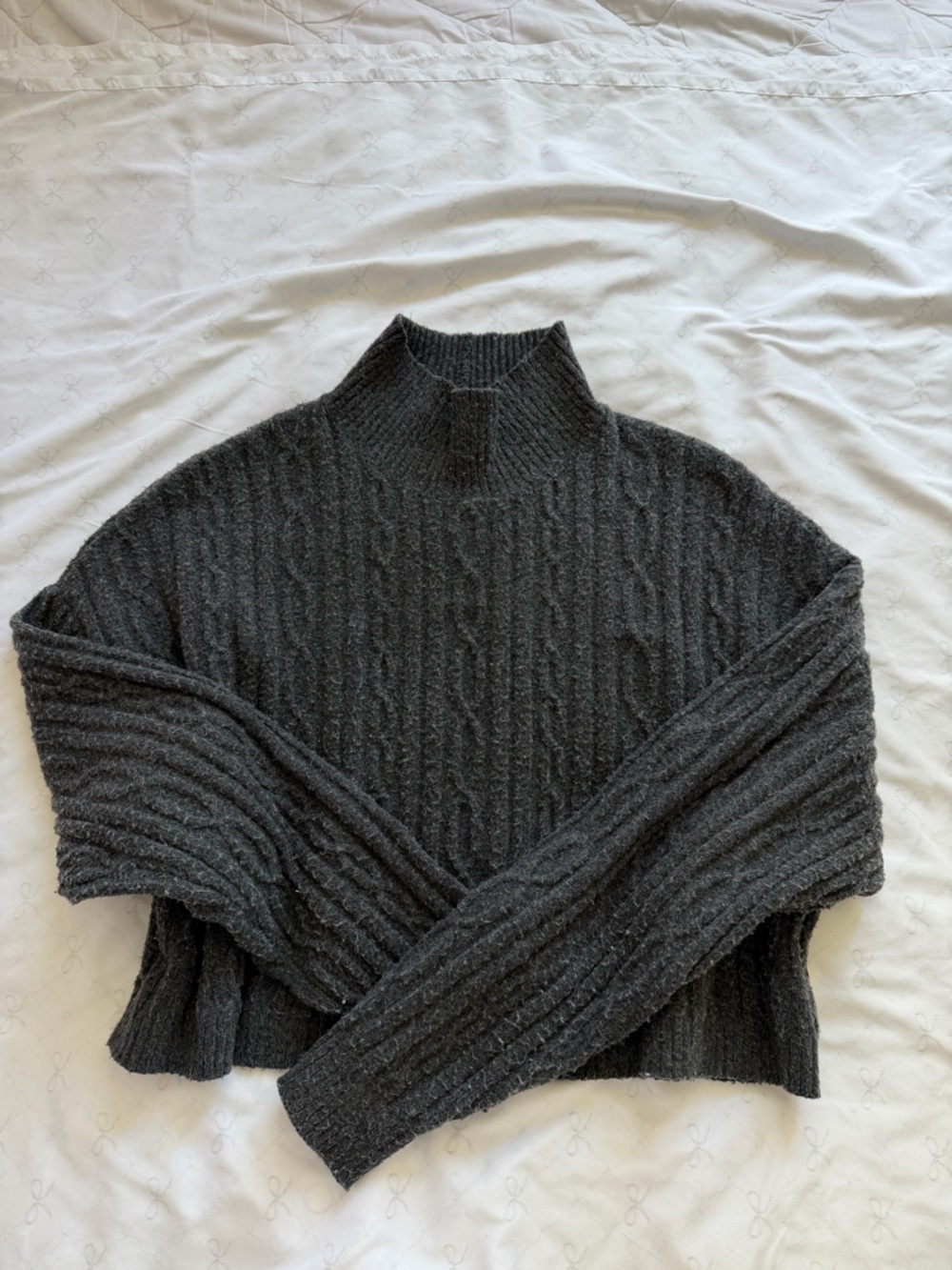 ALO Cropped Charcoal Cable-Knit Mock Neck Sweater